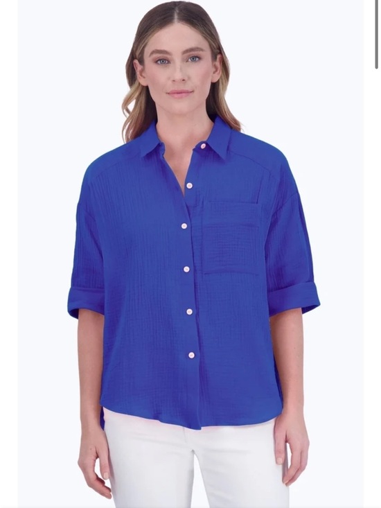 Foxcroft Tops - NEW Foxcroft Joanna Cotton Gauze 3/4 Sleeve Tunic - Azure Blue